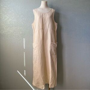 Vintage 90s Linen Cotton Shift Dress Minimalist Beige Pockets Made In USA M